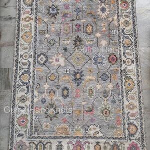 Hand-Knotted Oushak Wool Rug: Gray Multicolor Vintage Turkish Carpet 4x6